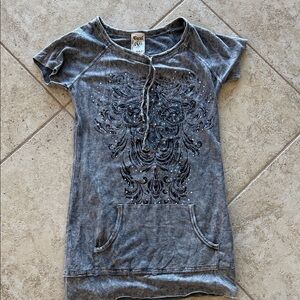 Vocal Gray Graphic Short Sleeve Hoodie Tunic with Rhinestone Detail